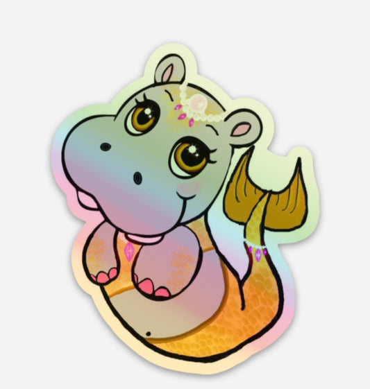 Holographic Hippo Mermaid vinyl sticker